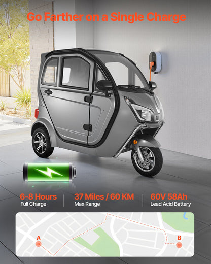 VEVOR 3-Wheel Enclosed Mobility Scooter for Seniors Adults, 650lbs Capacity, 3-Seater 1500W Electric Recreational Mobility Scooter 37 Miles Long Range, Remote Unlock, All-Terrain for Shopping Touring - FBSDBCSLSPZ2D3W32001V1 - view 5