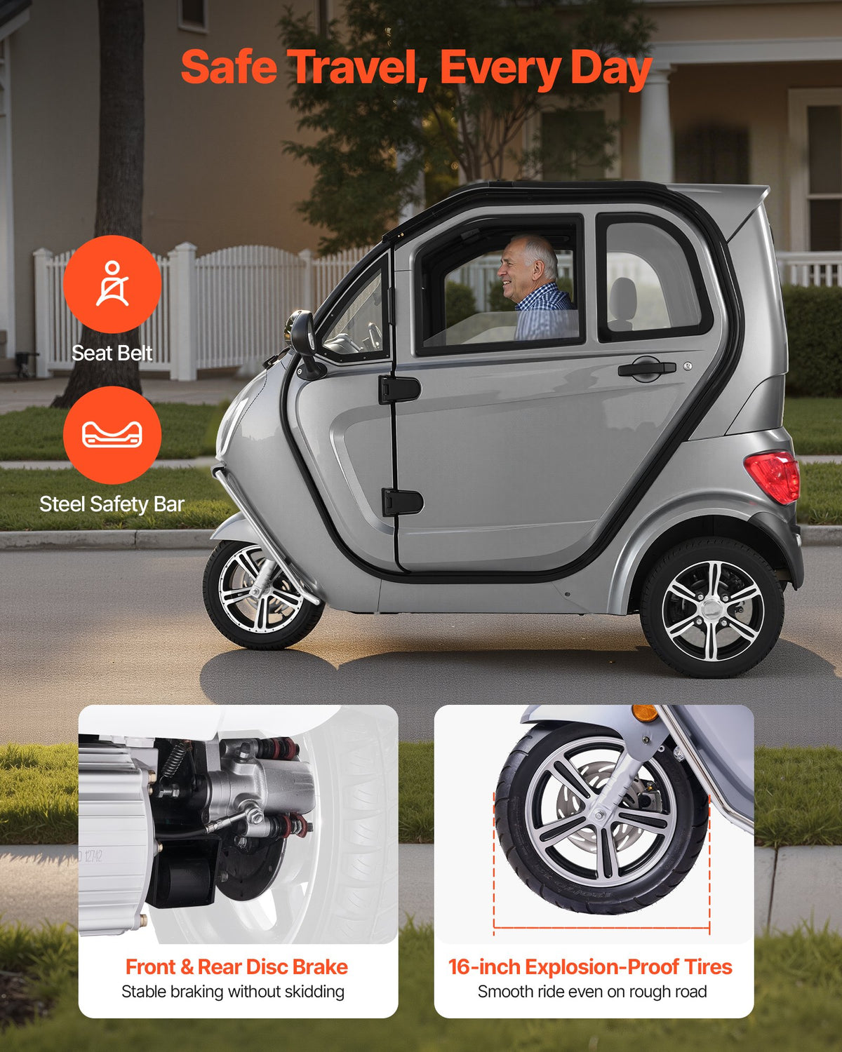 VEVOR 3-Wheel Enclosed Mobility Scooter for Seniors Adults, 650lbs Capacity, 3-Seater 1500W Electric Recreational Mobility Scooter 37 Miles Long Range, Remote Unlock, All-Terrain for Shopping Touring - FBSDBCSLSPZ2D3W32001V1 - view 6