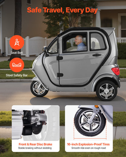 VEVOR 3-Wheel Enclosed Mobility Scooter for Seniors Adults, 650lbs Capacity, 3-Seater 1500W Electric Recreational Mobility Scooter 37 Miles Long Range, Remote Unlock, All-Terrain for Shopping Touring - FBSDBCSLSPZ2D3W32001V1 - view 6