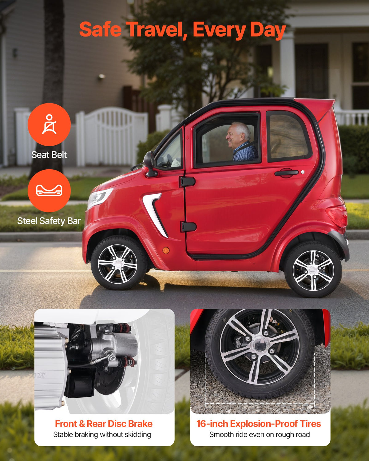 VEVOR 4-Wheel Enclosed Mobility Scooter for Seniors Adults, 660lbs Capacity, 3-Seater 2000W Electric Recreational Mobility Scooter 45 Miles Long Range, Remote Unlock, All-Terrain for Touring Shopping - FBSDBCSLSPZ2OAVJ4001V1 - view 6