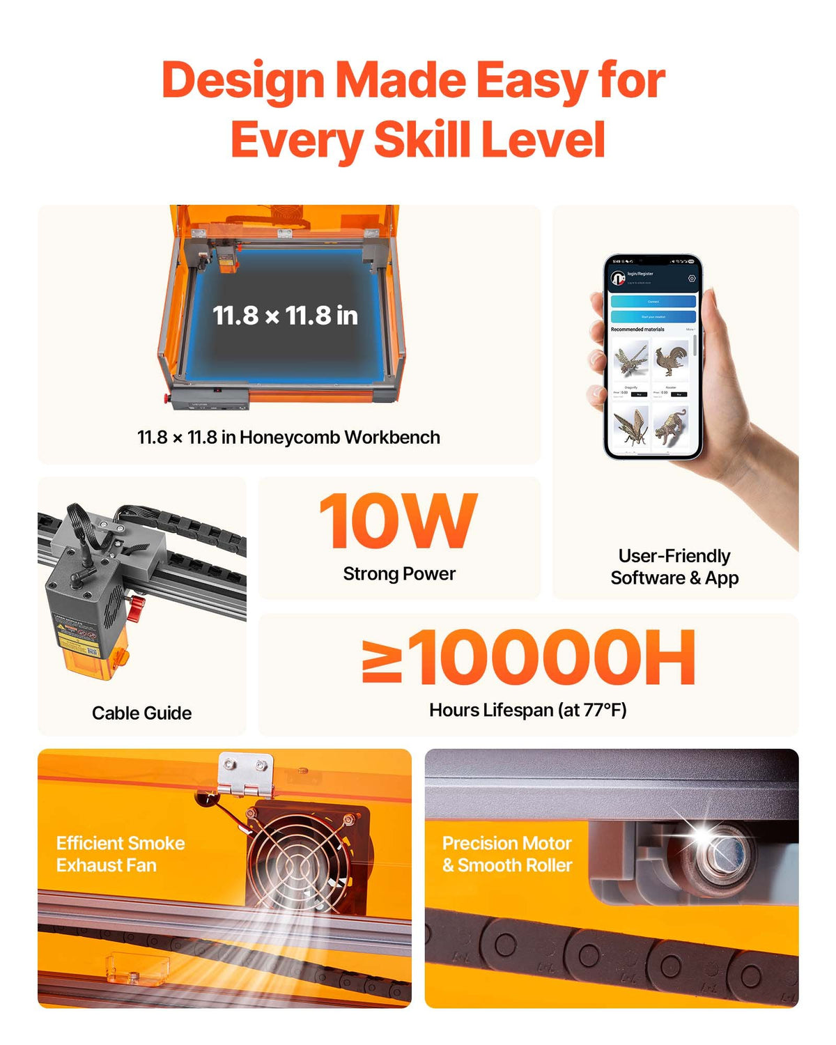 VEVOR Laser Engraver, 10W, Laser Engraving and Cutting Machine with Enclosure, Laser Cutter Engraver Machine, 11.8 x 11.8 in Working Area, 7000 mm/min, for Wood, Leather, Glass, Certain Metal, Class 1 - FBSJGDKJ10W3Y5W9M001V1 - view 4