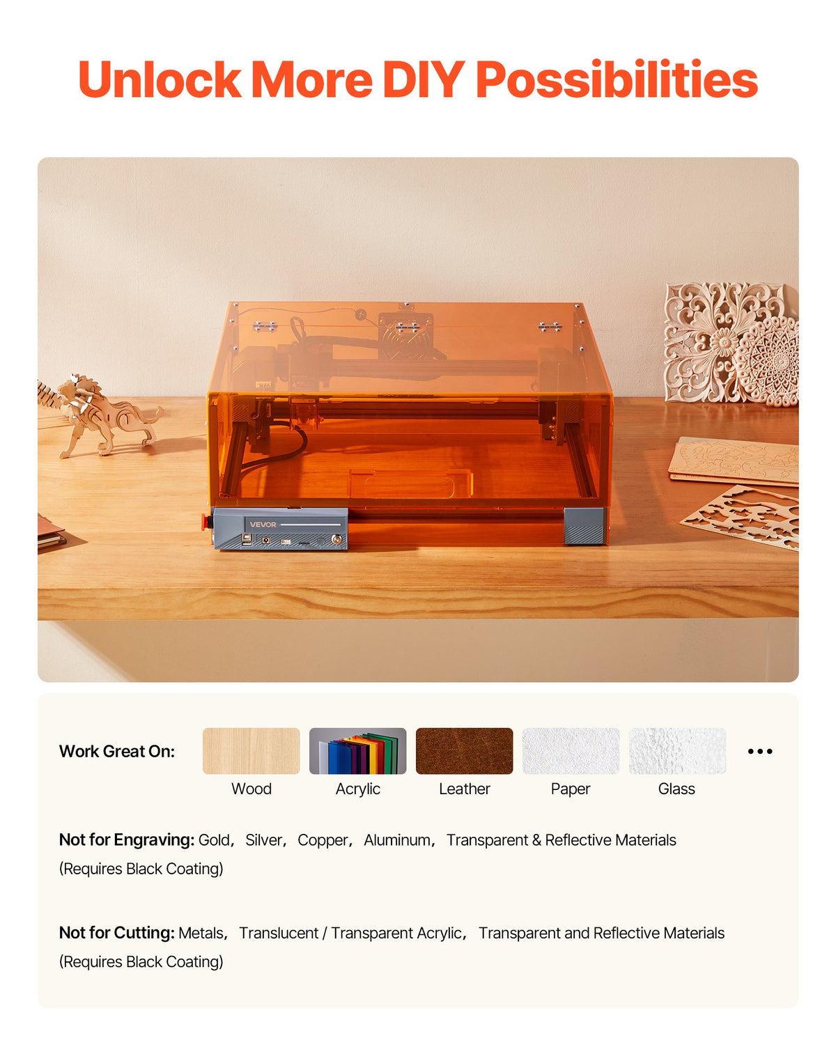 VEVOR Laser Engraver, 10W, Laser Engraving and Cutting Machine with Enclosure, Laser Cutter Engraver Machine, 11.8 x 11.8 in Working Area, 7000 mm/min, for Wood, Leather, Glass, Certain Metal, Class 1 - FBSJGDKJ10W3Y5W9M001V1 - view 8