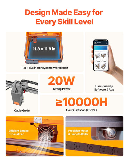 VEVOR Laser Engraver, 20W, Laser Engraving and Cutting Machine with Enclosure, Laser Cutter Engraver Machine, 7000 mm/min, 11.8 x 11.8 in Working Area, for Wood, Leather, Glass, Certain Metal, Class 1 - FBSJGDKJ20W3FUFFH001V1 - view 4