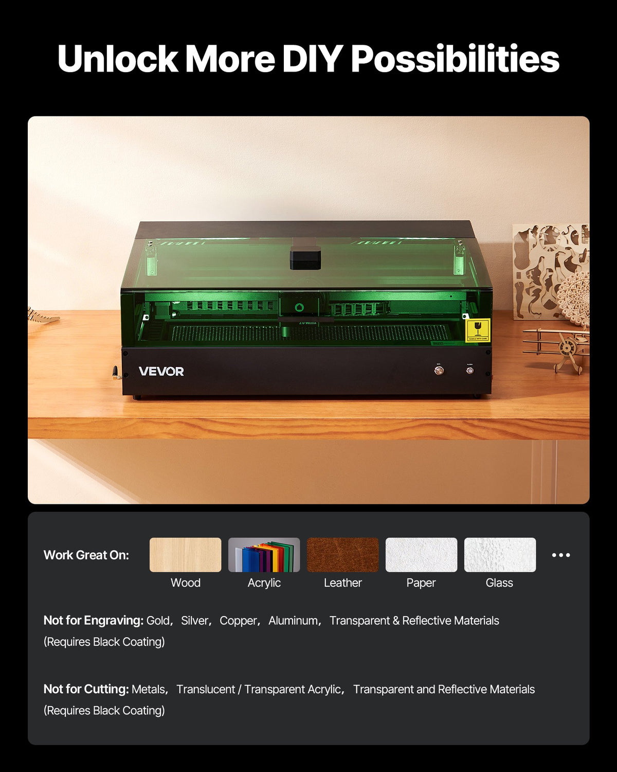 VEVOR Laser Engraver, 20W, Laser Engraving and Cutting Machine with Enclosure Camera, Laser Cutter, 36000 mm/min, 19.7 x 12.6 in Working Area, for Wood, Leather, Glass, Paper, Certain Metal, Class 1 - FBSJGDKJ20W52ONY0001V1 - view 8