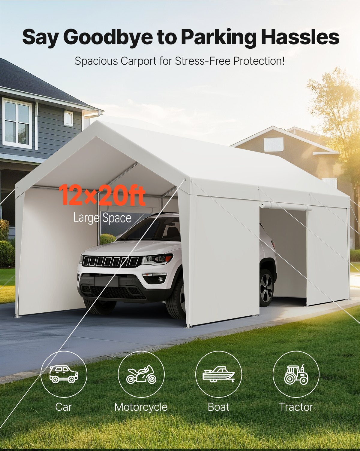 VEVOR Carport, 12 x 20 FT Outdoor Car Canopy, Potable Carport with Removable Sidewalls & Door, Heavy Duty Car Shelter, UV-Resistant & Water-Resistant, All-Season Protection for Automobile Boat White - FBSJSQCCKBS8JY3PV001V0 - view 3