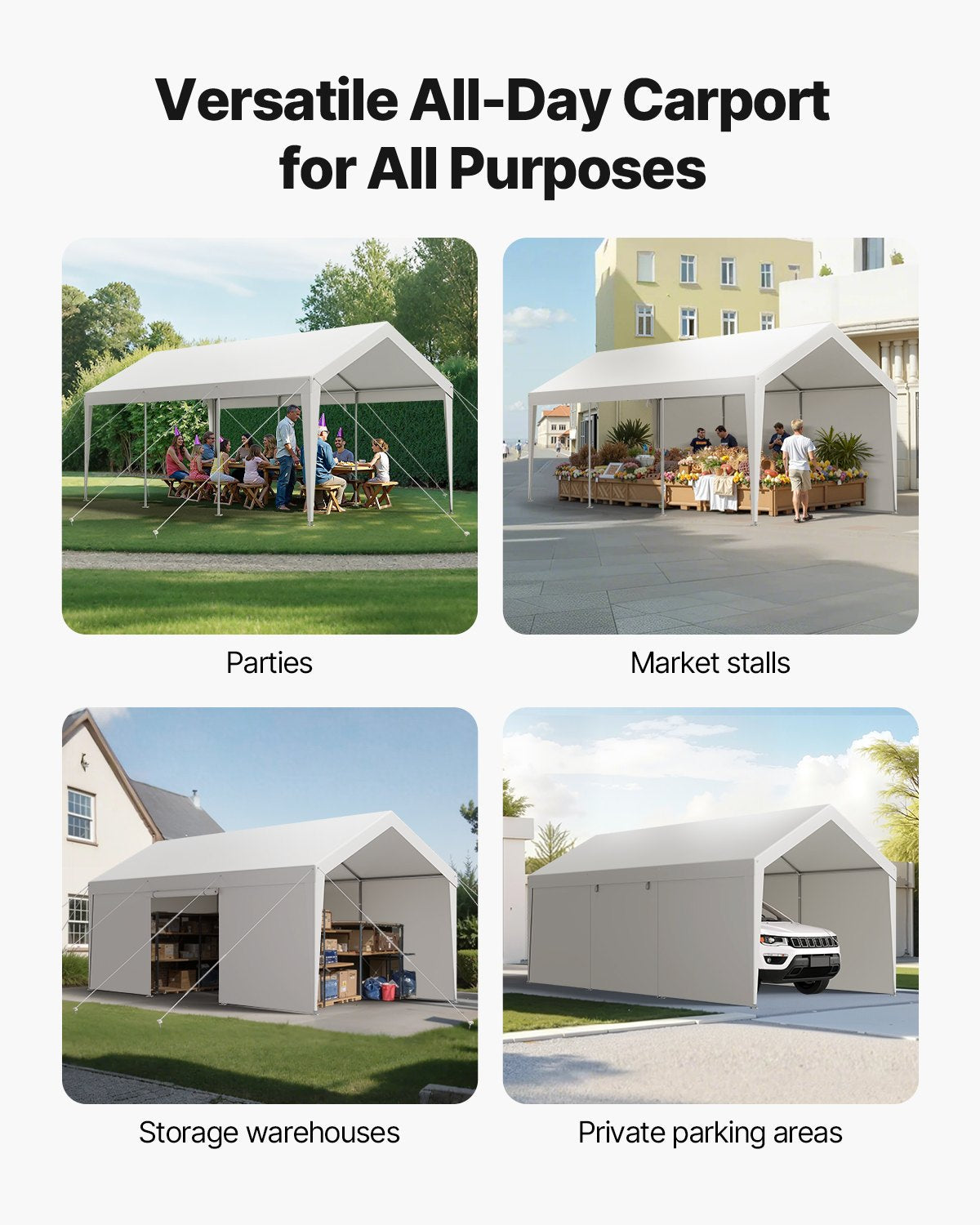 VEVOR Carport, 12 x 20 FT Outdoor Car Canopy, Potable Carport with Removable Sidewalls & Door, Heavy Duty Car Shelter, UV-Resistant & Water-Resistant, All-Season Protection for Automobile Boat White - FBSJSQCCKBS8JY3PV001V0 - view 4