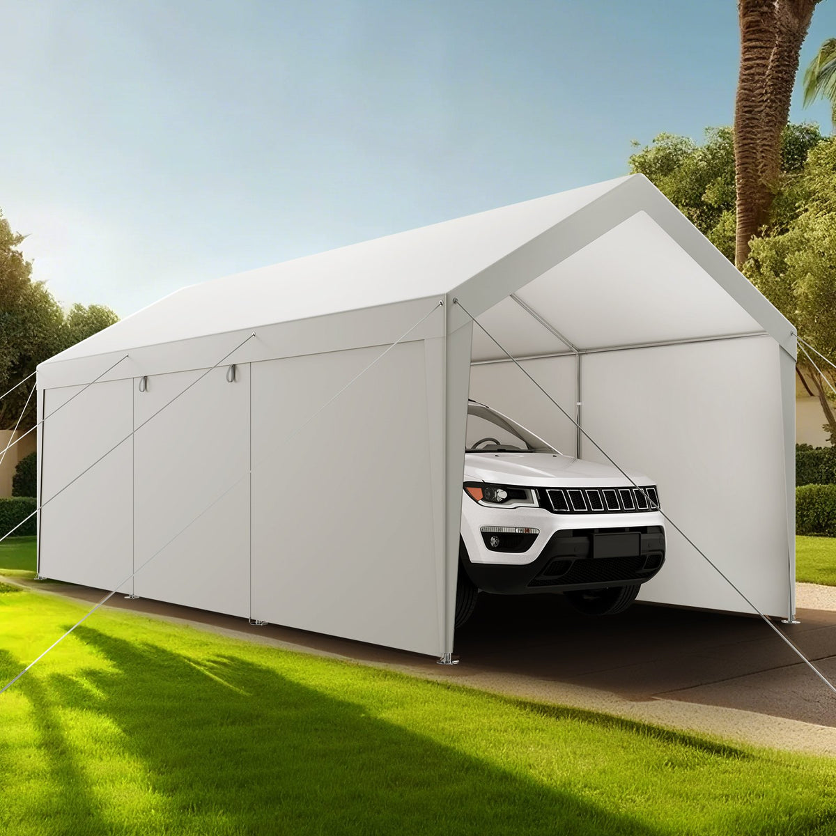 VEVOR Carport, 12 x 20 FT Outdoor Car Canopy, Potable Carport with Removable Sidewalls & Door, Heavy Duty Car Shelter, UV-Resistant & Water-Resistant, All-Season Protection for Automobile Boat White - FBSJSQCCKBS8JY3PV001V0 - view 9