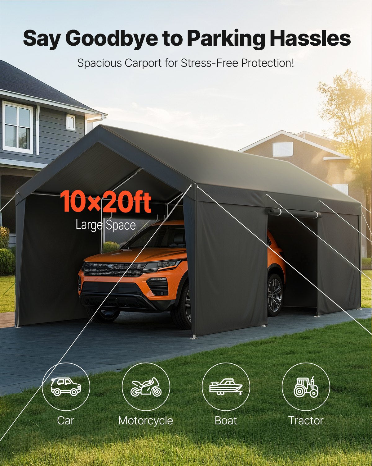 VEVOR Carport, 10 x 20 FT Outdoor Car Canopy, Potable Carport with Removable Sidewalls & Door, Heavy Duty Car Shelter, UV-Resistant & Water-Resistant, All-Season Protection for Automobile Boat Grey - FBSJSQCCKHS886LB9001V0 - view 3