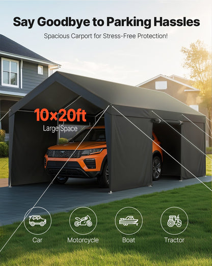 VEVOR Carport, 10 x 20 FT Outdoor Car Canopy, Potable Carport with Removable Sidewalls & Door, Heavy Duty Car Shelter, UV-Resistant & Water-Resistant, All-Season Protection for Automobile Boat Grey - FBSJSQCCKHS886LB9001V0 - view 3
