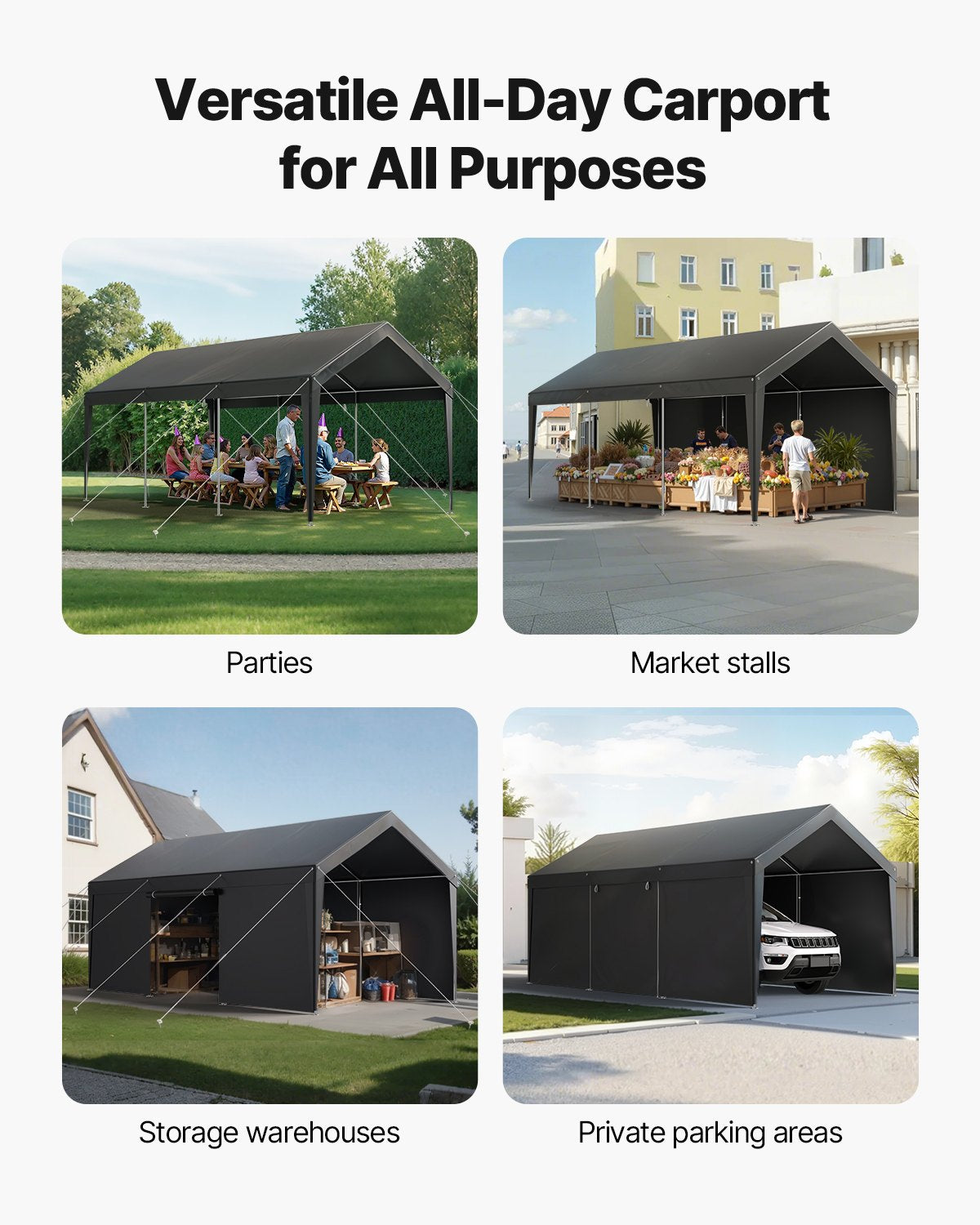 VEVOR Carport, 12 x 20 FT Outdoor Car Canopy, Potable Carport with Removable Sidewalls & Door, Heavy Duty Car Shelter, UV-Resistant & Water-Resistant, All-Season Protection for Automobile Boat Grey - FBSJSQCCKHS8E8PES001V0 - view 4