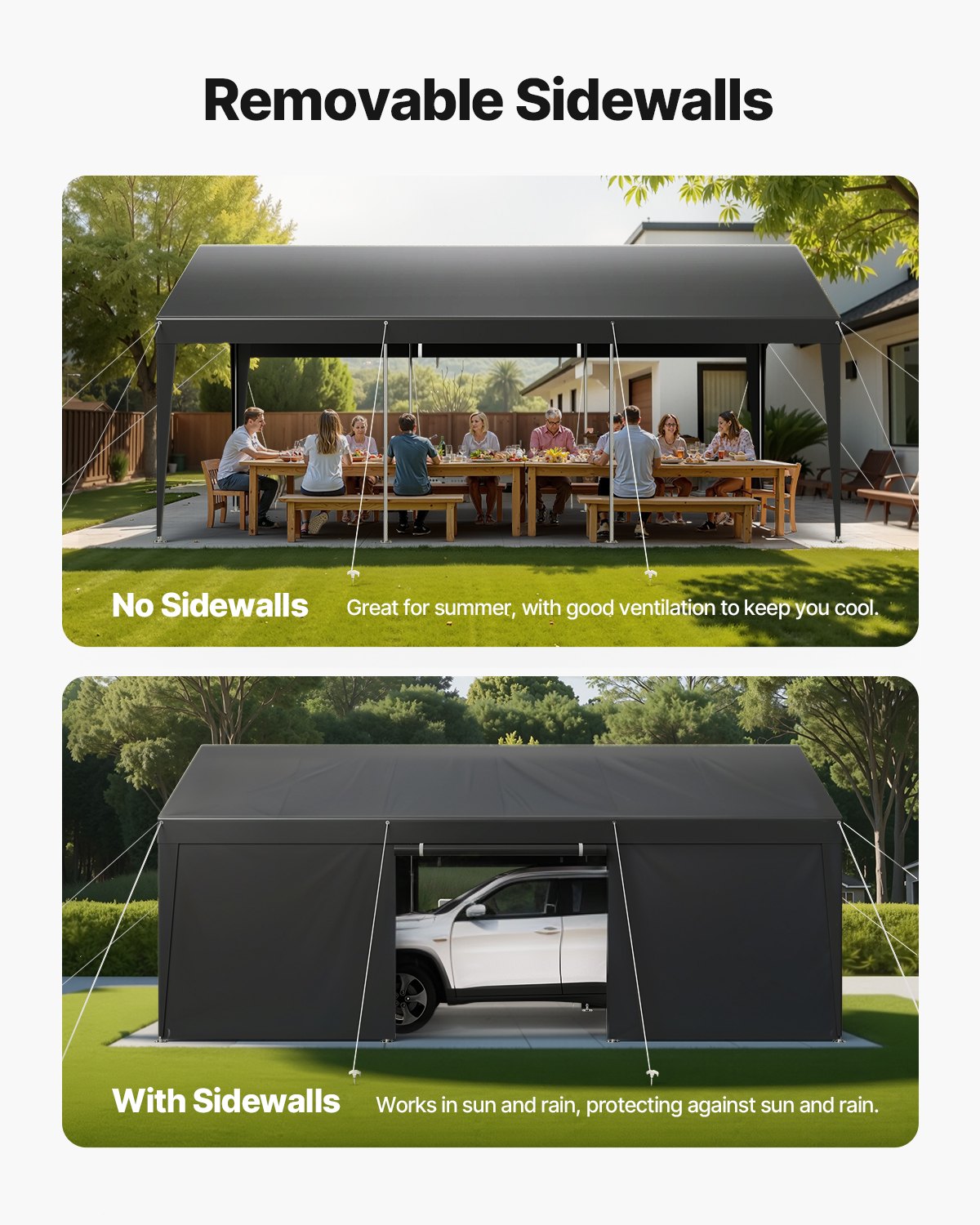 VEVOR Carport, 12 x 20 FT Outdoor Car Canopy, Potable Carport with Removable Sidewalls & Door, Heavy Duty Car Shelter, UV-Resistant & Water-Resistant, All-Season Protection for Automobile Boat Grey - FBSJSQCCKHS8E8PES001V0 - view 6