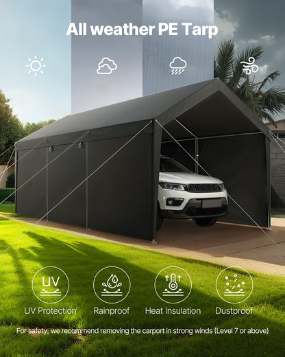 VEVOR Carport, 12 x 20 FT Outdoor Car Canopy, Potable Carport with Removable Sidewalls & Door, Heavy Duty Car Shelter, UV-Resistant & Water-Resistant, All-Season Protection for Automobile Boat Grey - FBSJSQCCKHS8E8PES001V0 - view 7