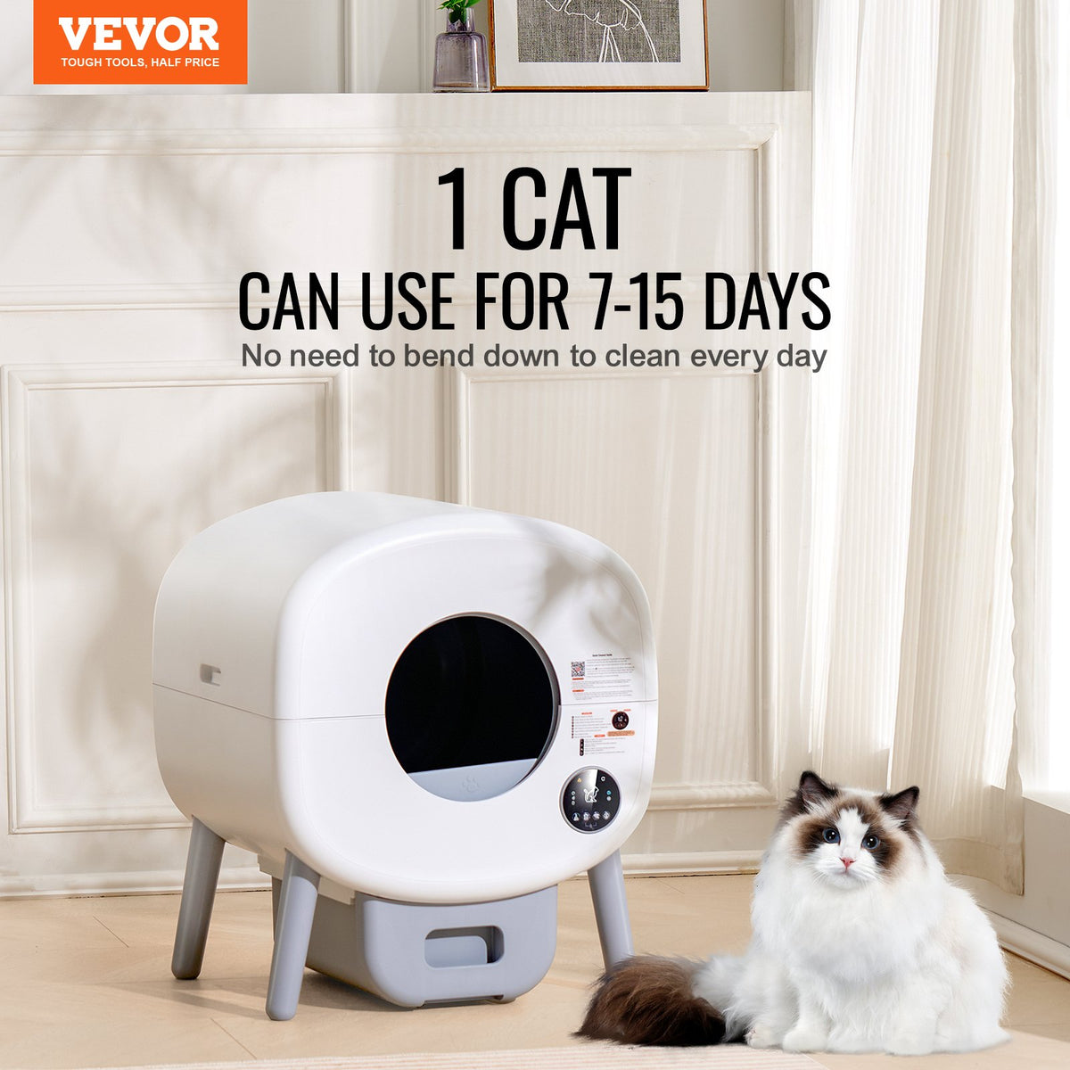 VEVOR 76L Self Cleaning Cat Litter Box, Automatic Cat Litter Box with Trash Bags, Large Space Smart Cat Litter Box with Odor Removal, APP Control, and Infrared Sensor, Gray - FBSZNMSP76L0TOG40V5 - view 3