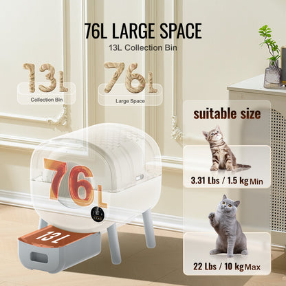 VEVOR 76L Self Cleaning Cat Litter Box, Automatic Cat Litter Box with Trash Bags, Large Space Smart Cat Litter Box with Odor Removal, APP Control, and Infrared Sensor, Gray - FBSZNMSP76L0TOG40V5 - view 6
