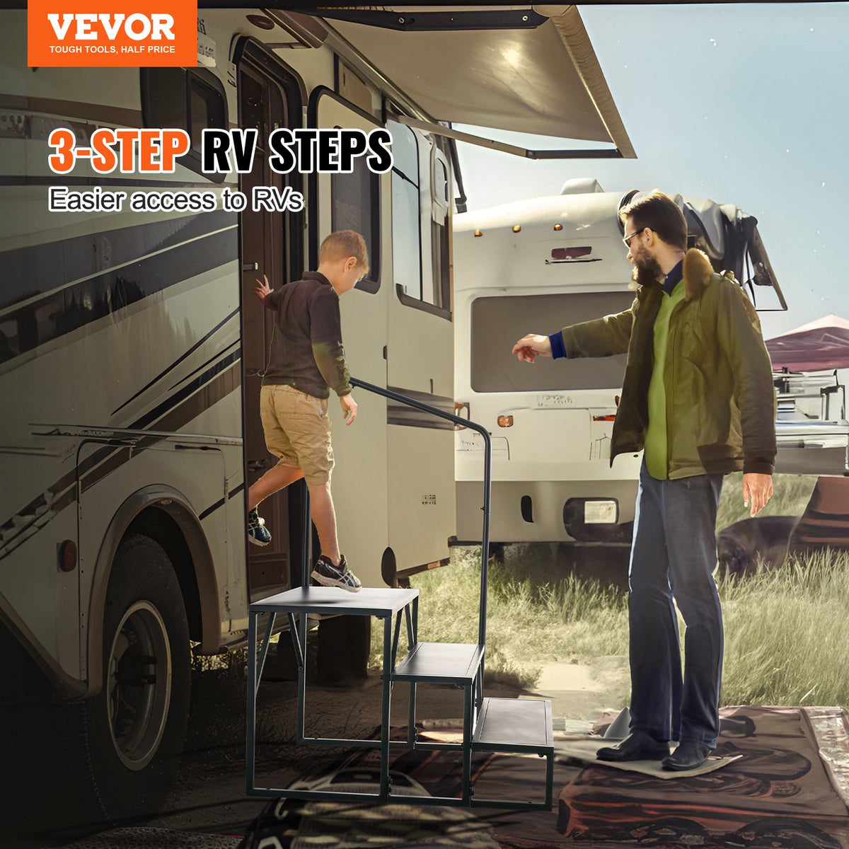 VEVOR RV Steps, 3-Step RV Stairs, 440 LBS Load Capacity, Thickened Carbon Steel, With Handrail, Non-Slip Steps for Safe Entry and Exit, Suit for RV, Trailer, Camper Steps - FCBTGDKHJG3JJF4MLV0 - view 3