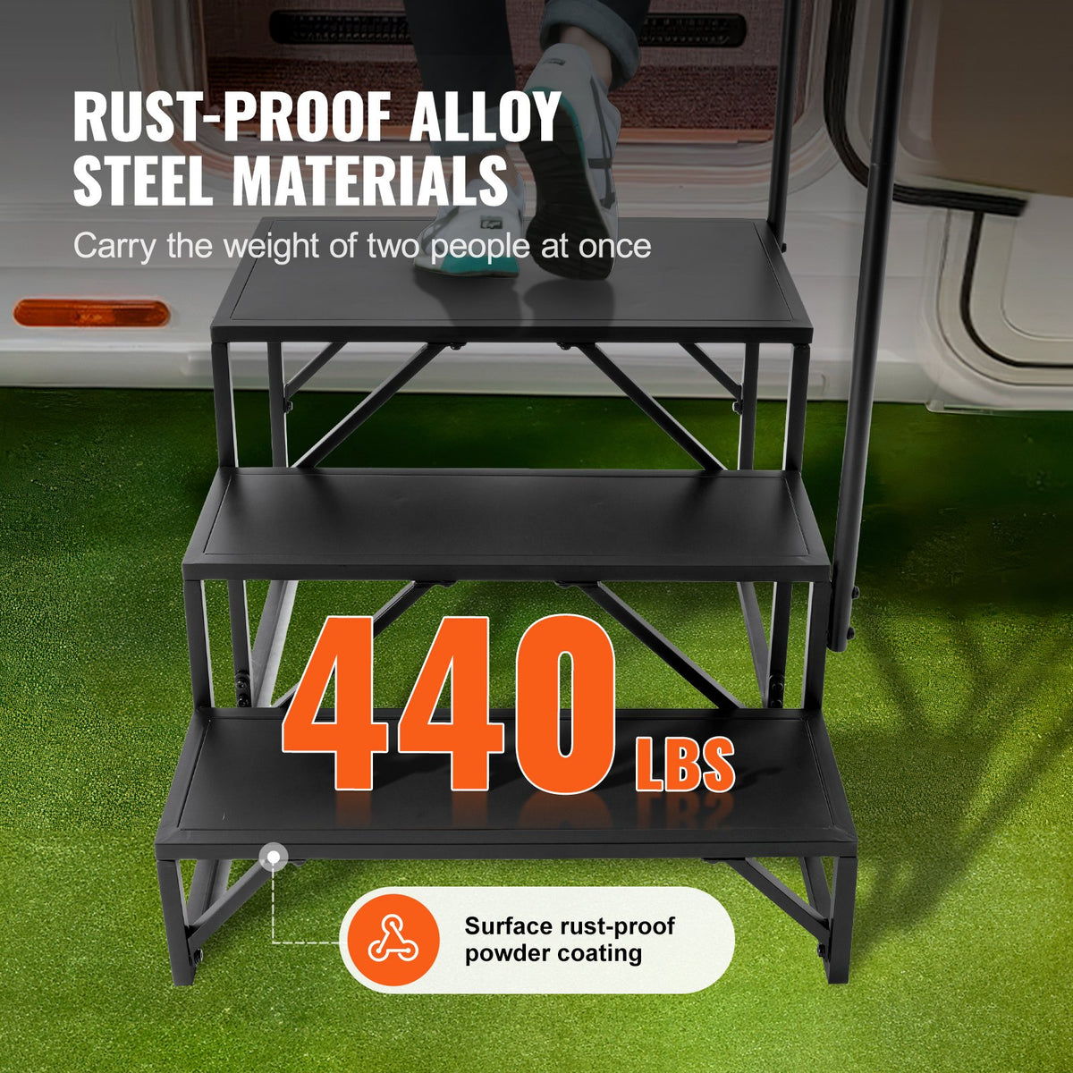 VEVOR RV Steps, 3-Step RV Stairs, 440 LBS Load Capacity, Thickened Carbon Steel, With Handrail, Non-Slip Steps for Safe Entry and Exit, Suit for RV, Trailer, Camper Steps - FCBTGDKHJG3JJF4MLV0 - view 4