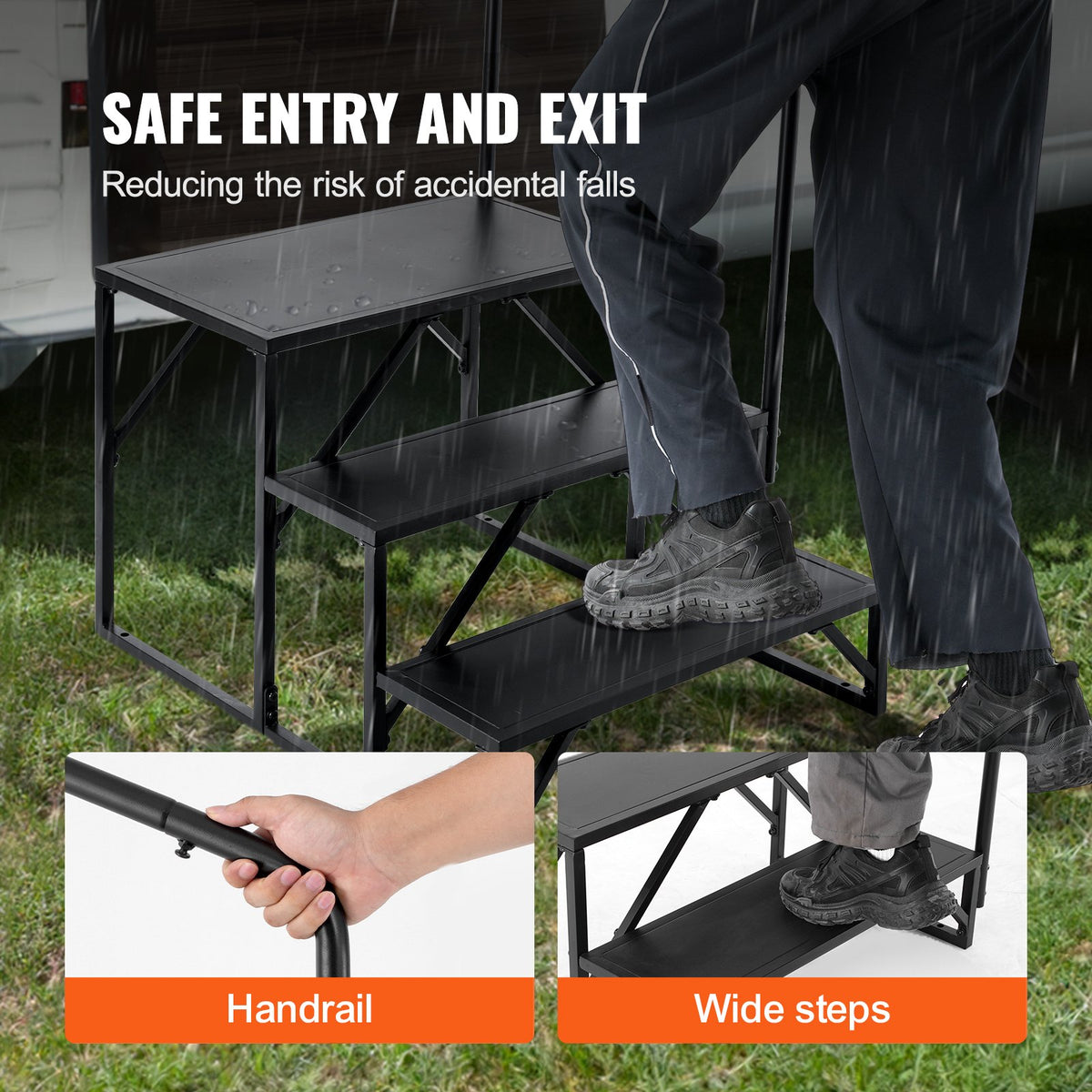 VEVOR RV Steps, 3-Step RV Stairs, 440 LBS Load Capacity, Thickened Carbon Steel, With Handrail, Non-Slip Steps for Safe Entry and Exit, Suit for RV, Trailer, Camper Steps - FCBTGDKHJG3JJF4MLV0 - view 5