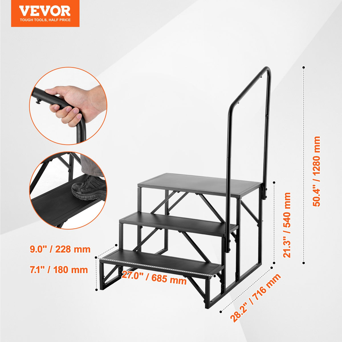 VEVOR RV Steps, 3-Step RV Stairs, 440 LBS Load Capacity, Thickened Carbon Steel, With Handrail, Non-Slip Steps for Safe Entry and Exit, Suit for RV, Trailer, Camper Steps - FCBTGDKHJG3JJF4MLV0 - view 8