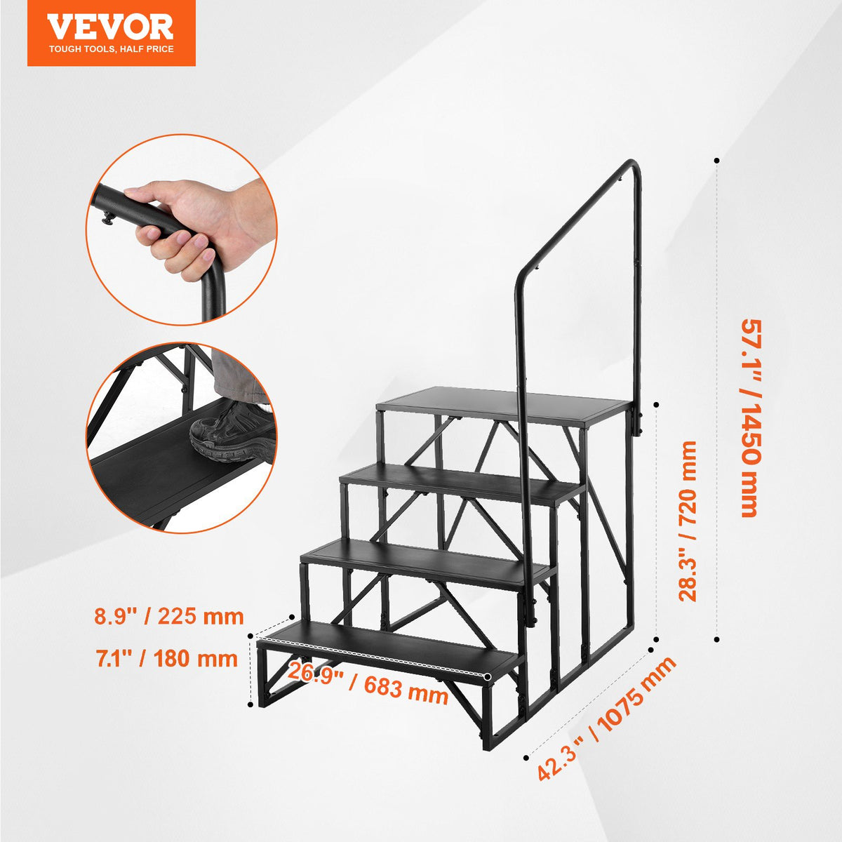 VEVOR RV Steps, 4-Step RV Stairs, 440 LBS Load Capacity, Thickened Carbon Steel, With Handrail, Non-Slip Steps for Safe Entry and Exit, Suit for RV, Trailer, Camper Steps - FCBTGDKHJG4JE8I22V0 - view 8