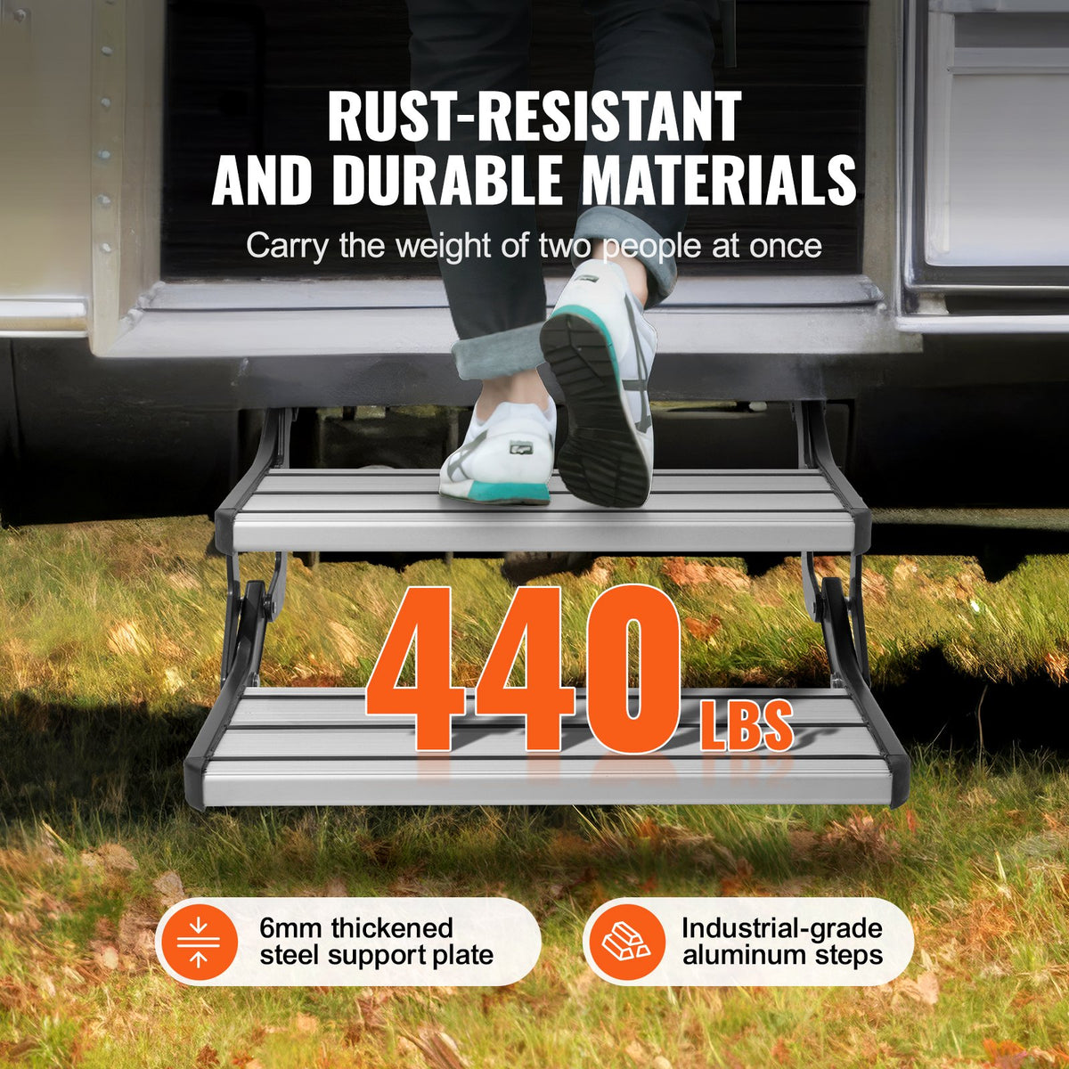 VEVOR RV Steps, 2-Step, Manual Retractable RV Stairs, Foldable, 440 LBS Load Capacity, Aluminum Alloy Steps, Thickened Steel Plate, Non-Slip Steps for Safe Entry and Exit, RV, Trailer, Camper Steps - FCBTZDKZDKSDNVHFTV0 - view 5
