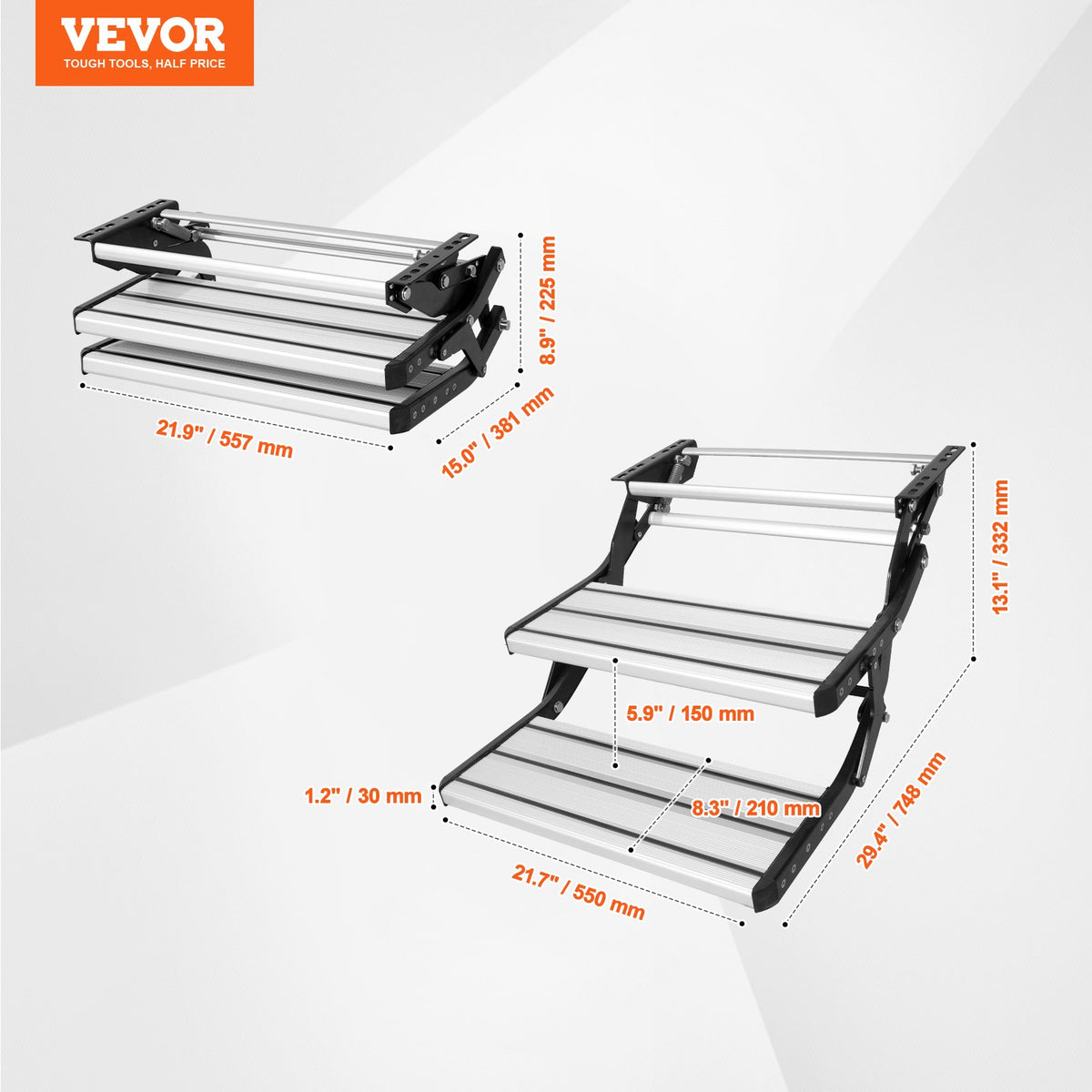 VEVOR RV Steps, 2-Step, Manual Retractable RV Stairs, Foldable, 440 LBS Load Capacity, Aluminum Alloy Steps, Thickened Steel Plate, Non-Slip Steps for Safe Entry and Exit, RV, Trailer, Camper Steps - FCBTZDKZDKSDNVHFTV0 - view 8