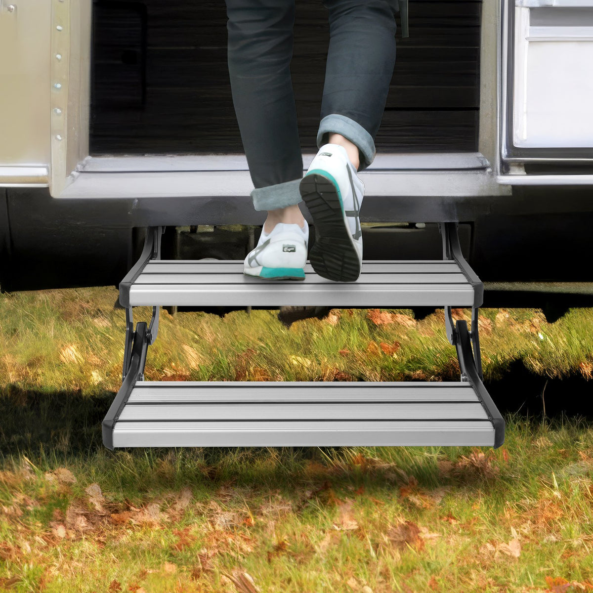 VEVOR RV Steps, 2-Step, Manual Retractable RV Stairs, Foldable, 440 LBS Load Capacity, Aluminum Alloy Steps, Thickened Steel Plate, Non-Slip Steps for Safe Entry and Exit, RV, Trailer, Camper Steps - FCBTZDKZDKSDNVHFTV0 - view 9