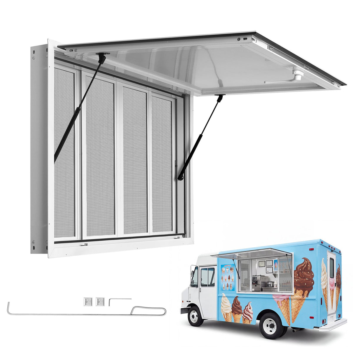 VEVOR Concession Window 45x30 in Aluminum Alloy Service Window, for Food Truck, Up to 85 Degrees Stand Serving with 4 Sliding Screen Windows, Awning Door and Drag Hook, Rainwater Resistant - FCBWCK4530NCHM5K6001V0 - view 1
