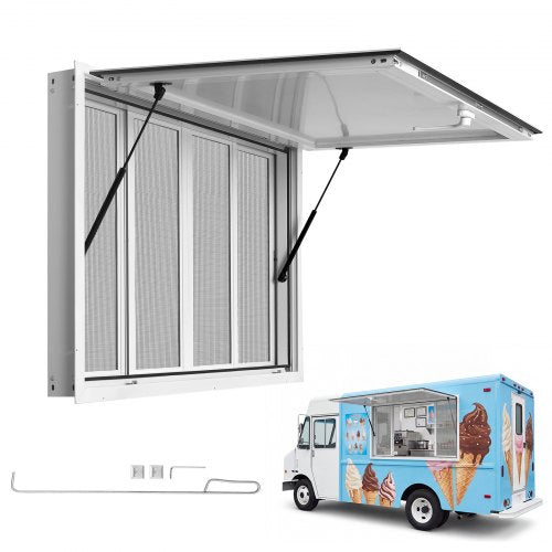 VEVOR Concession Window 45x30 in Aluminum Alloy Service Window, for Food Truck, Up to 85 Degrees Stand Serving with 4 Sliding Screen Windows, Awning Door and Drag Hook, Rainwater Resistant - FCBWCK4530NCHM5K6001V0 - view 2