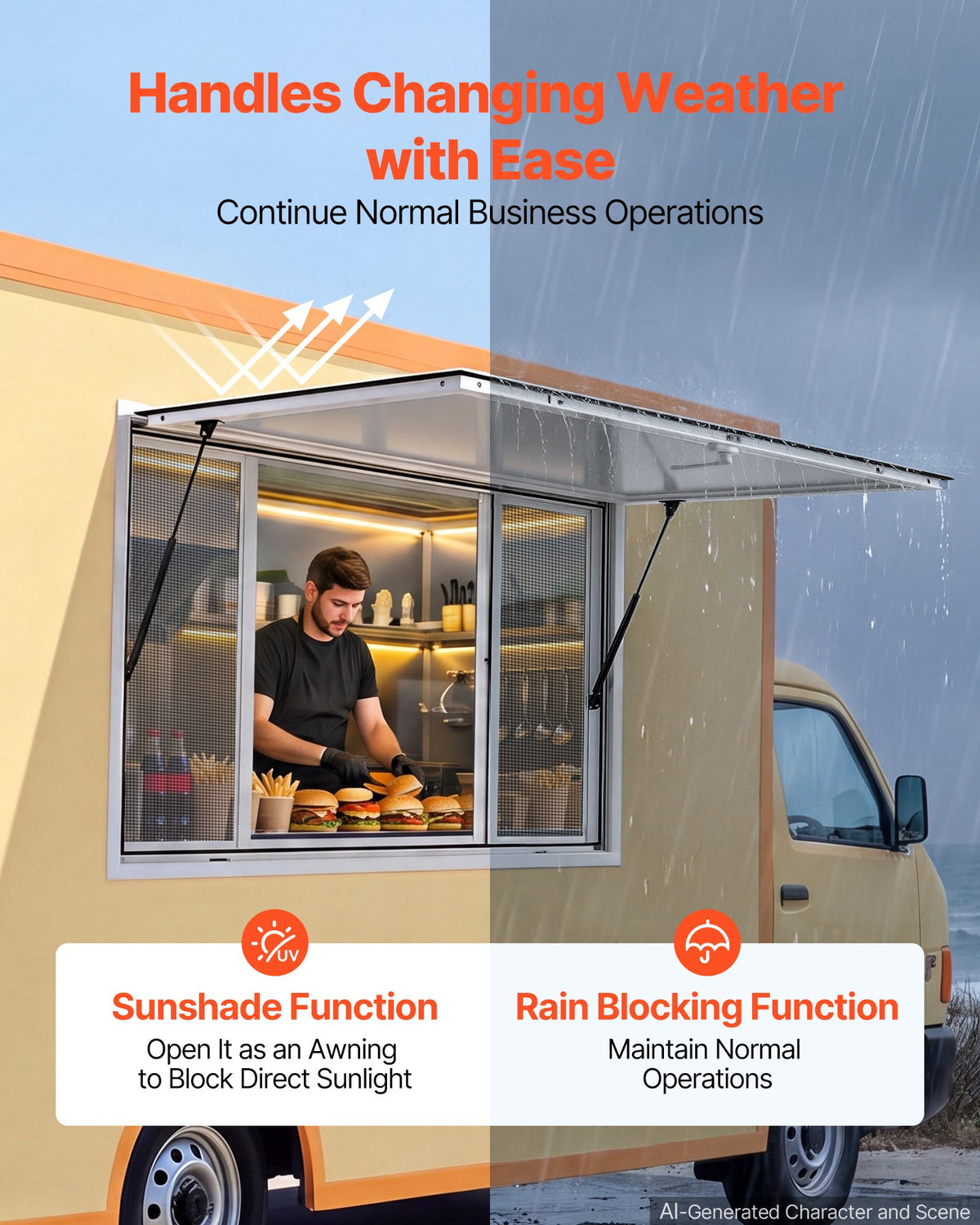 VEVOR Concession Window 45x30 in Aluminum Alloy Service Window, for Food Truck, Up to 85 Degrees Stand Serving with 4 Sliding Screen Windows, Awning Door and Drag Hook, Rainwater Resistant - FCBWCK4530NCHM5K6001V0 - view 5