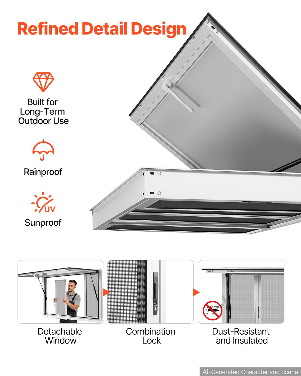 VEVOR Concession Window 45x30 in Aluminum Alloy Service Window, for Food Truck, Up to 85 Degrees Stand Serving with 4 Sliding Screen Windows, Awning Door and Drag Hook, Rainwater Resistant - FCBWCK4530NCHM5K6001V0 - view 6