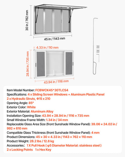 VEVOR Concession Window 45x30 in Aluminum Alloy Service Window, for Food Truck, Up to 85 Degrees Stand Serving with 4 Sliding Screen Windows, Awning Door and Drag Hook, Rainwater Resistant - FCBWCK4530NCHM5K6001V0 - view 8