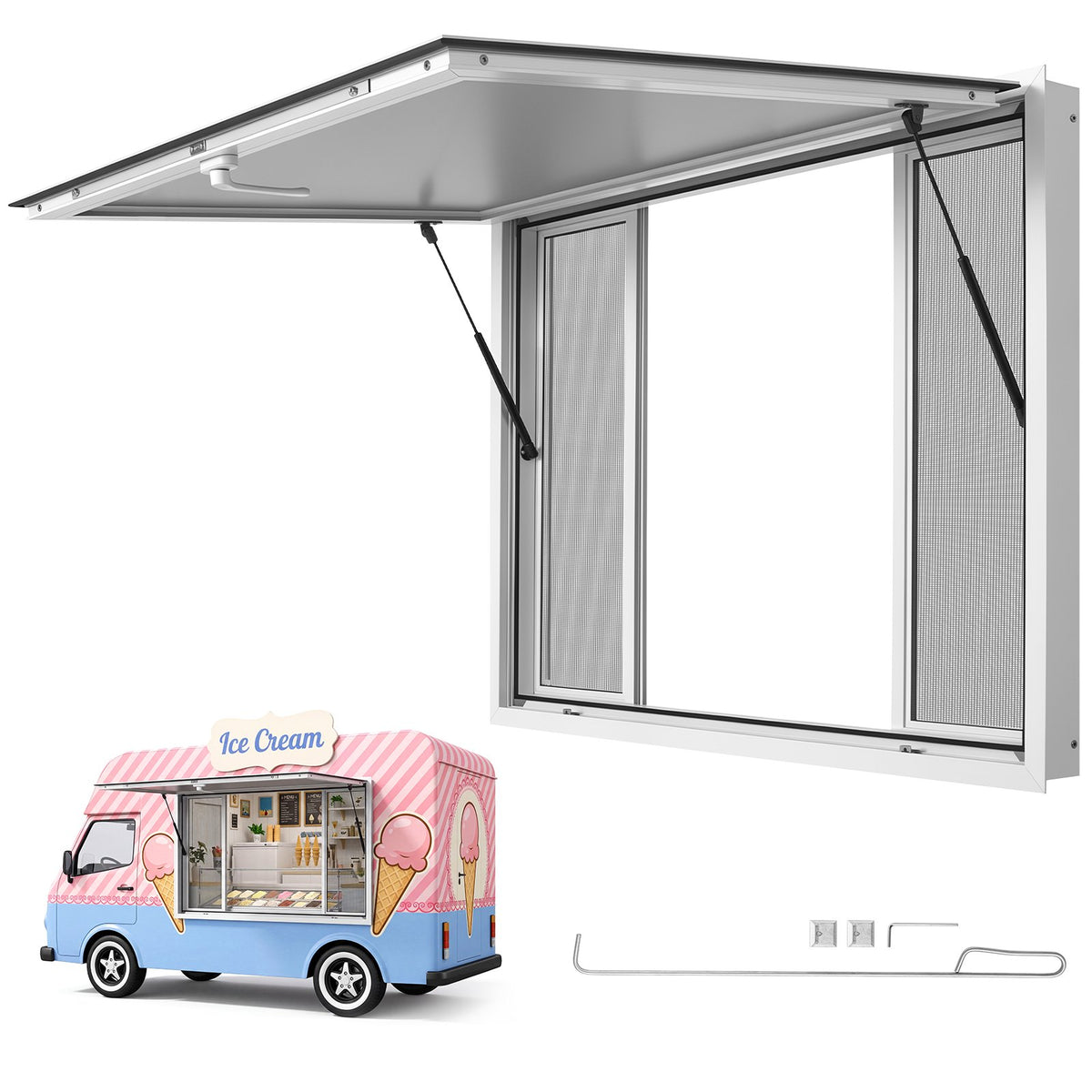 VEVOR Concession Window 48x36 in Aluminum Alloy Frame Service Window, for Food Truck, Up to 85 Degrees Stand Serving with 4 Sliding Screen Windows, Awning Door and Drag Hook, Rainwater Resistant - FCBWCK4836NC2QRQF001V0 - view 1