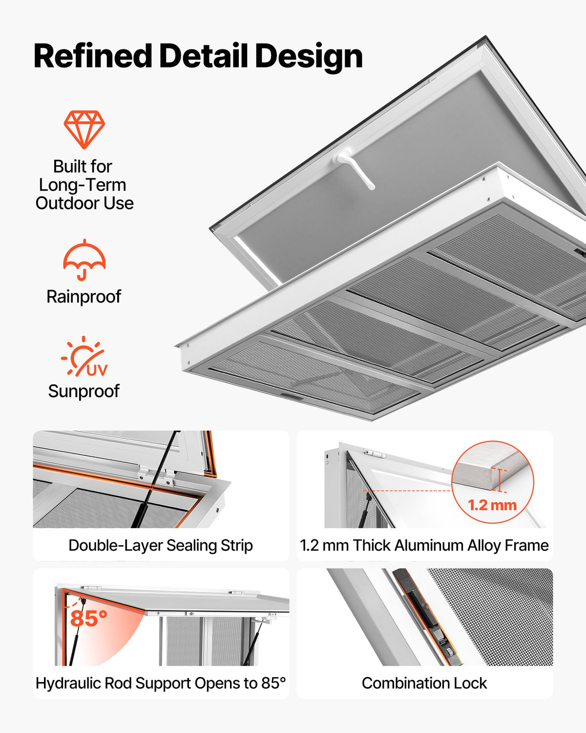 VEVOR Concession Window 48x36 in Aluminum Alloy Frame Service Window, for Food Truck, Up to 85 Degrees Stand Serving with 4 Sliding Screen Windows, Awning Door and Drag Hook, Rainwater Resistant - FCBWCK4836NC2QRQF001V0 - view 6