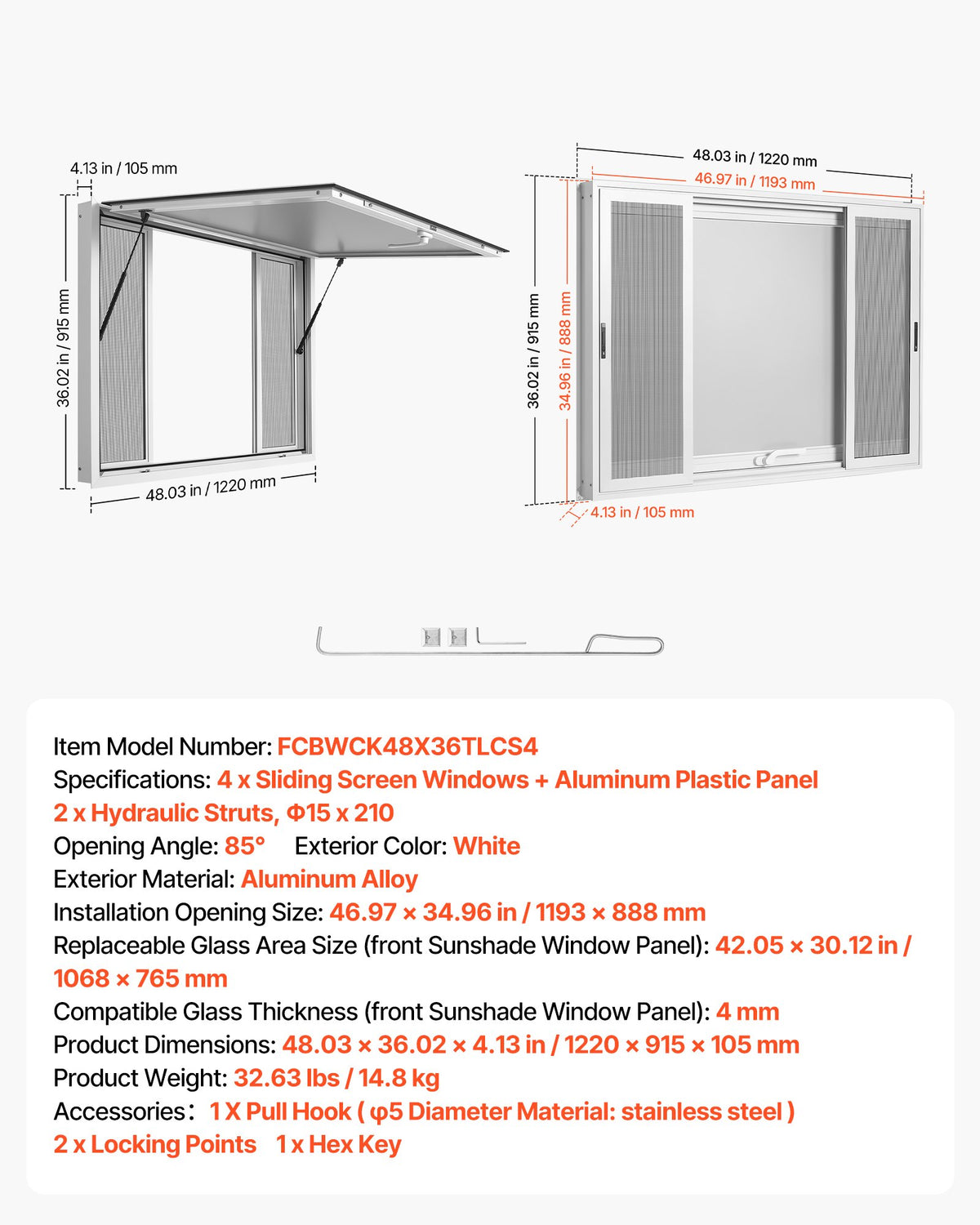 VEVOR Concession Window 48x36 in Aluminum Alloy Frame Service Window, for Food Truck, Up to 85 Degrees Stand Serving with 4 Sliding Screen Windows, Awning Door and Drag Hook, Rainwater Resistant - FCBWCK4836NC2QRQF001V0 - view 8