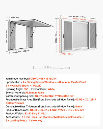 VEVOR Concession Window 48x36 in Aluminum Alloy Frame Service Window, for Food Truck, Up to 85 Degrees Stand Serving with 4 Sliding Screen Windows, Awning Door and Drag Hook, Rainwater Resistant - FCBWCK4836NC2QRQF001V0 - view 8