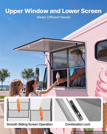 VEVOR Concession Window 48x36 in Aluminum Alloy Service Window, for Food Truck, Up to 85 Degrees Stand Serving with 2 Fixed & 2 Sliding Windows, Awning Door and Drag Hook, Rainwater Resistant - FCBWCK4836NCAPQ33001V0 - view 4