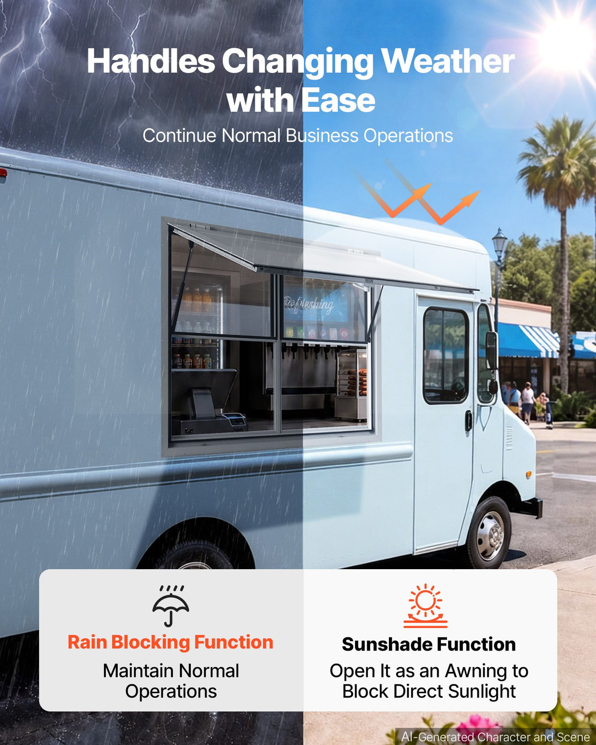 VEVOR Concession Window 48x36 in Aluminum Alloy Service Window, for Food Truck, Up to 85 Degrees Stand Serving with 2 Fixed & 2 Sliding Windows, Awning Door and Drag Hook, Rainwater Resistant - FCBWCK4836NCAPQ33001V0 - view 5