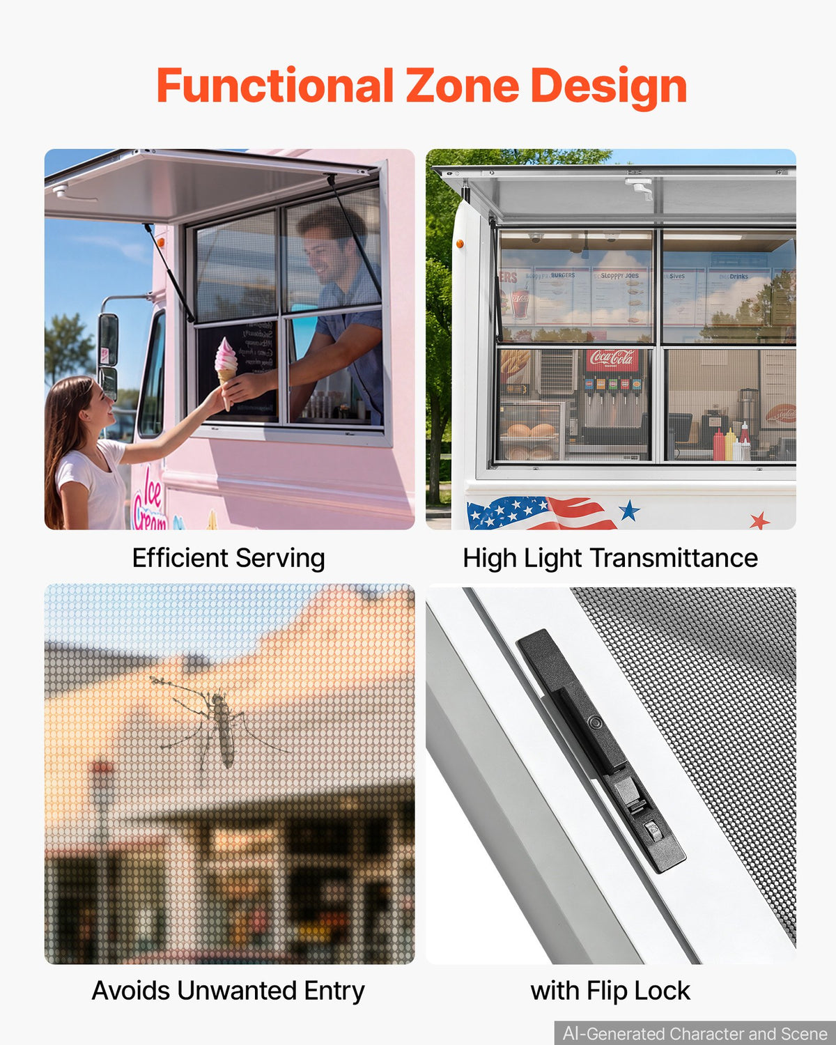 VEVOR Concession Window 48x36 in Aluminum Alloy Service Window, for Food Truck, Up to 85 Degrees Stand Serving with 2 Fixed & 2 Sliding Windows, Awning Door and Drag Hook, Rainwater Resistant - FCBWCK4836NCAPQ33001V0 - view 6