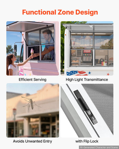 VEVOR Concession Window 48x36 in Aluminum Alloy Service Window, for Food Truck, Up to 85 Degrees Stand Serving with 2 Fixed & 2 Sliding Windows, Awning Door and Drag Hook, Rainwater Resistant - FCBWCK4836NCAPQ33001V0 - view 6