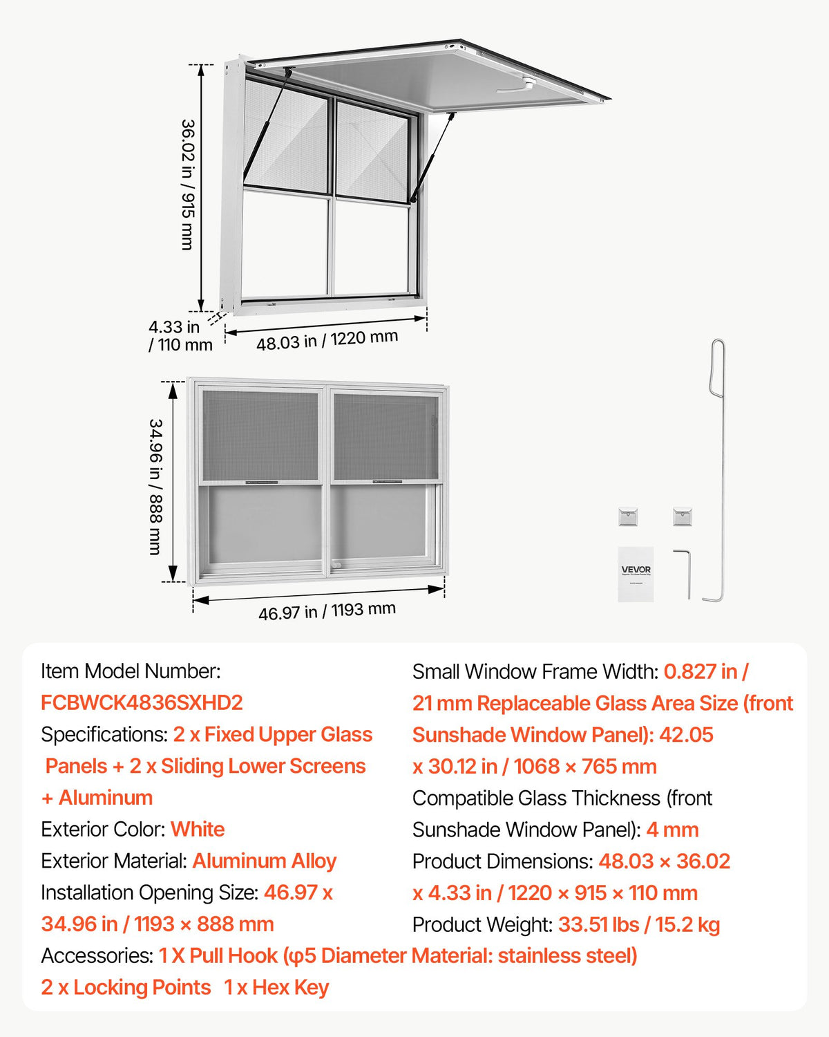 VEVOR Concession Window 48x36 in Aluminum Alloy Service Window, for Food Truck, Up to 85 Degrees Stand Serving with 2 Fixed & 2 Sliding Windows, Awning Door and Drag Hook, Rainwater Resistant - FCBWCK4836NCAPQ33001V0 - view 8