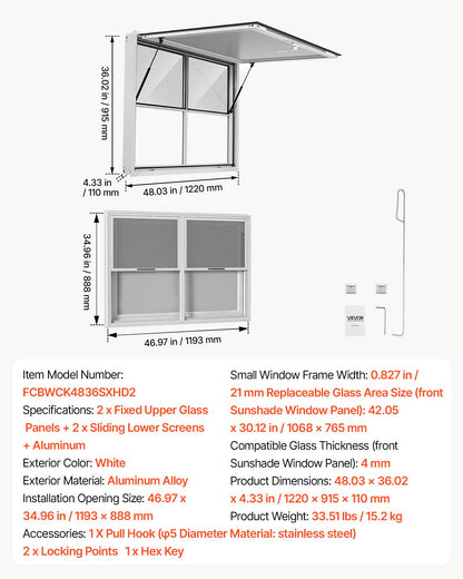 VEVOR Concession Window 48x36 in Aluminum Alloy Service Window, for Food Truck, Up to 85 Degrees Stand Serving with 2 Fixed & 2 Sliding Windows, Awning Door and Drag Hook, Rainwater Resistant - FCBWCK4836NCAPQ33001V0 - view 8