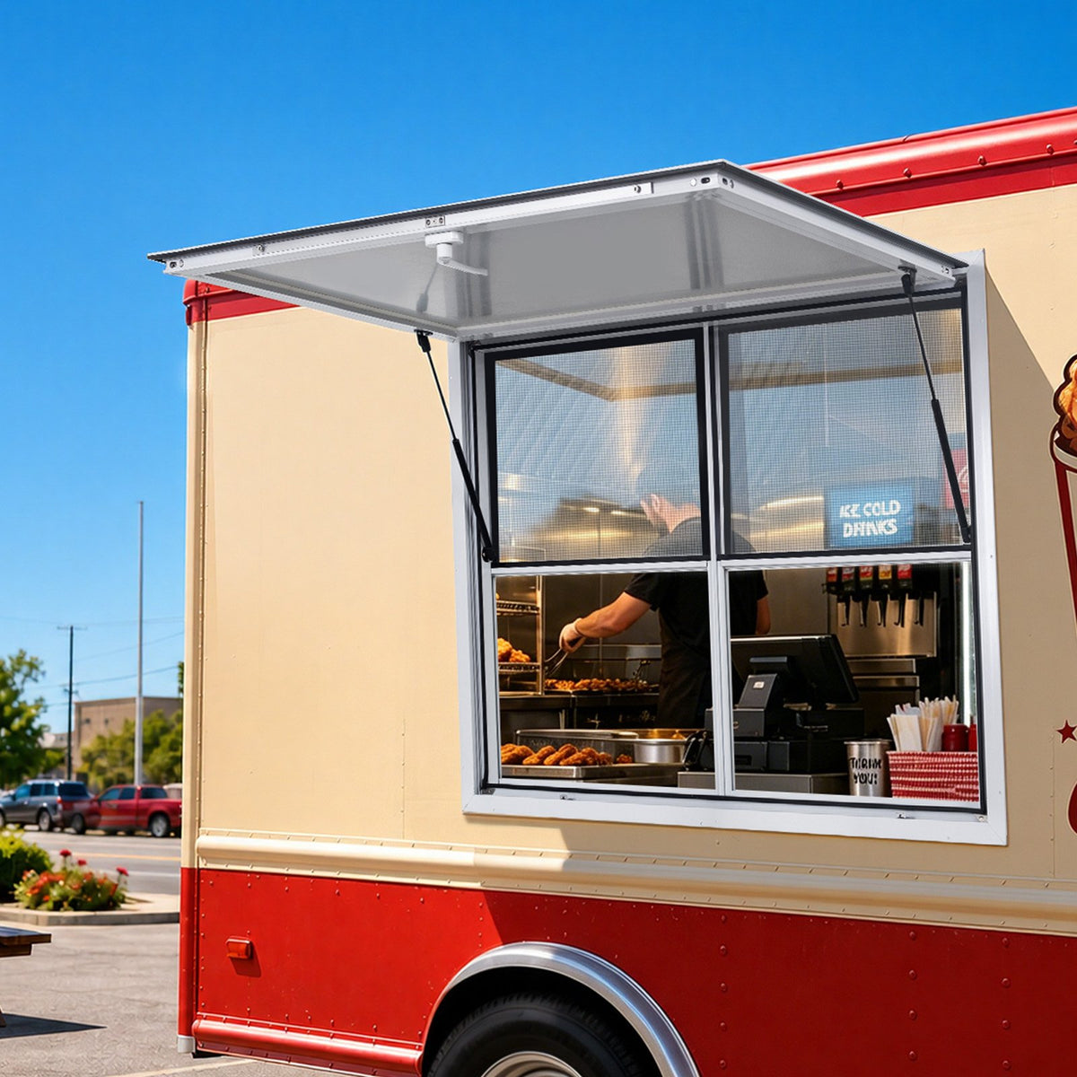 VEVOR Concession Window 48x36 in Aluminum Alloy Service Window, for Food Truck, Up to 85 Degrees Stand Serving with 2 Fixed & 2 Sliding Windows, Awning Door and Drag Hook, Rainwater Resistant - FCBWCK4836NCAPQ33001V0 - view 9