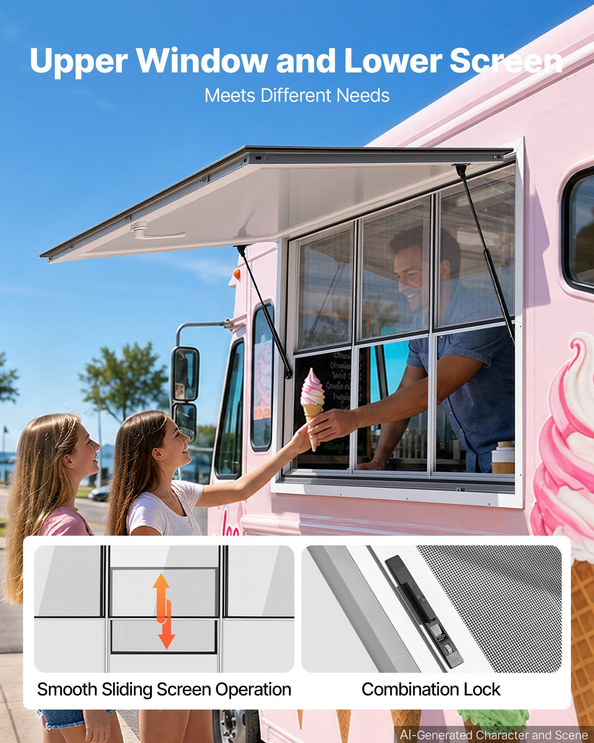VEVOR Concession Window 60x36 in Aluminum Alloy Service Window, for Food Truck, Up to 85 Degrees Stand Serving with 3 Fixed & 3 Sliding Windows, Awning Door and Drag Hook, Rainwater Resistant - FCBWCK6036NCGDESQ001V0 - view 4