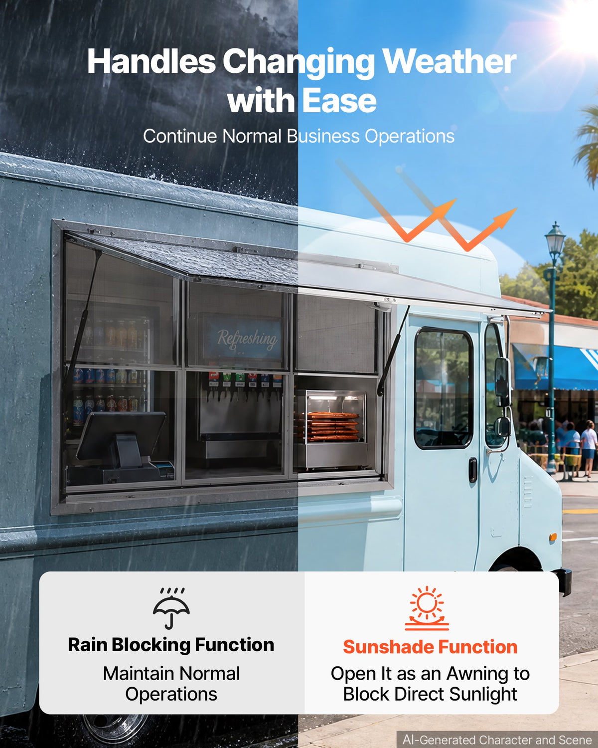 VEVOR Concession Window 60x36 in Aluminum Alloy Service Window, for Food Truck, Up to 85 Degrees Stand Serving with 3 Fixed & 3 Sliding Windows, Awning Door and Drag Hook, Rainwater Resistant - FCBWCK6036NCGDESQ001V0 - view 5