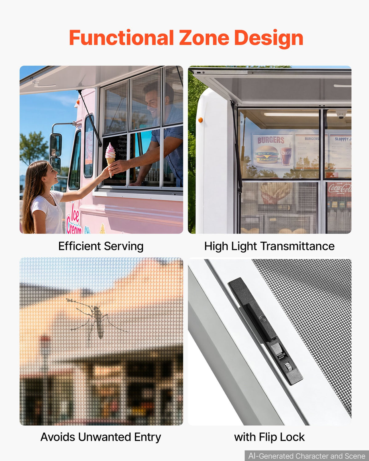 VEVOR Concession Window 60x36 in Aluminum Alloy Service Window, for Food Truck, Up to 85 Degrees Stand Serving with 3 Fixed & 3 Sliding Windows, Awning Door and Drag Hook, Rainwater Resistant - FCBWCK6036NCGDESQ001V0 - view 6
