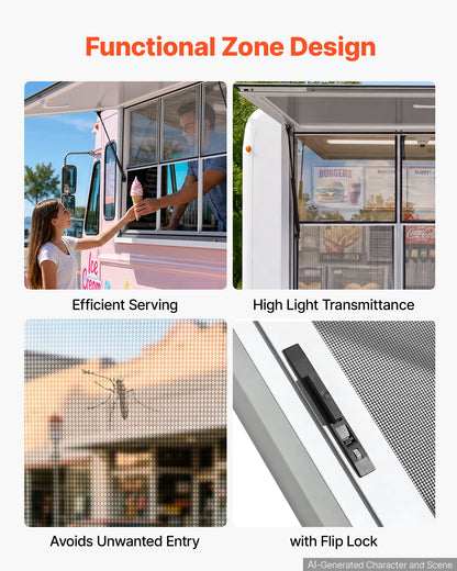 VEVOR Concession Window 60x36 in Aluminum Alloy Service Window, for Food Truck, Up to 85 Degrees Stand Serving with 3 Fixed & 3 Sliding Windows, Awning Door and Drag Hook, Rainwater Resistant - FCBWCK6036NCGDESQ001V0 - view 6