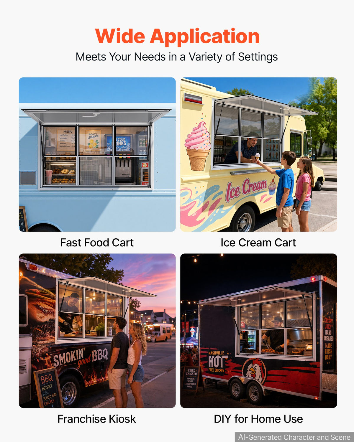 VEVOR Concession Window 60x36 in Aluminum Alloy Service Window, for Food Truck, Up to 85 Degrees Stand Serving with 3 Fixed & 3 Sliding Windows, Awning Door and Drag Hook, Rainwater Resistant - FCBWCK6036NCGDESQ001V0 - view 7