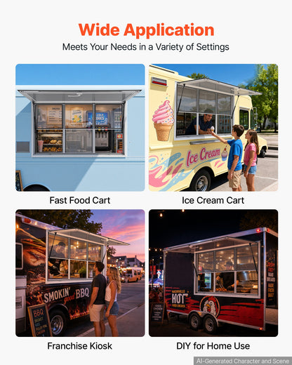 VEVOR Concession Window 60x36 in Aluminum Alloy Service Window, for Food Truck, Up to 85 Degrees Stand Serving with 3 Fixed & 3 Sliding Windows, Awning Door and Drag Hook, Rainwater Resistant - FCBWCK6036NCGDESQ001V0 - view 7