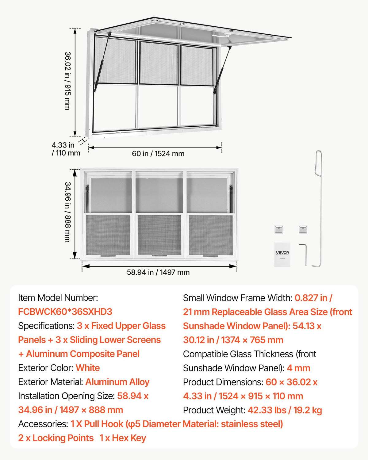VEVOR Concession Window 60x36 in Aluminum Alloy Service Window, for Food Truck, Up to 85 Degrees Stand Serving with 3 Fixed & 3 Sliding Windows, Awning Door and Drag Hook, Rainwater Resistant - FCBWCK6036NCGDESQ001V0 - view 8