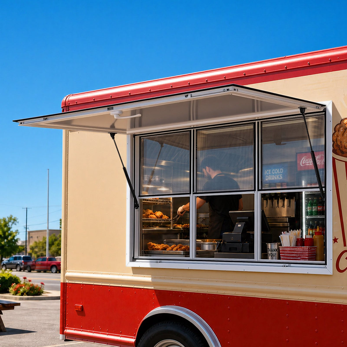 VEVOR Concession Window 60x36 in Aluminum Alloy Service Window, for Food Truck, Up to 85 Degrees Stand Serving with 3 Fixed & 3 Sliding Windows, Awning Door and Drag Hook, Rainwater Resistant - FCBWCK6036NCGDESQ001V0 - view 9